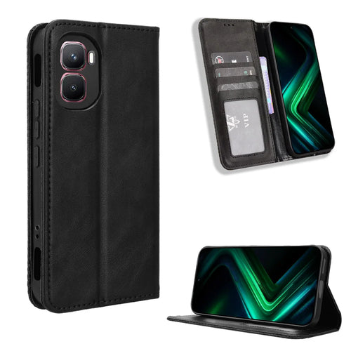 For Infinix GT 50 Pro 5G Leather Case Wallet Stand Retro Texture Phone Cover - Black - 1