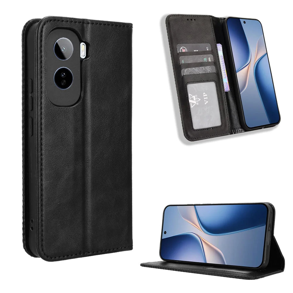 For vivo iQOO Z11 5G / vivo T5 Pro 5G Leather Case Wallet Stand Retro Texture Phone Cover - Black - 1