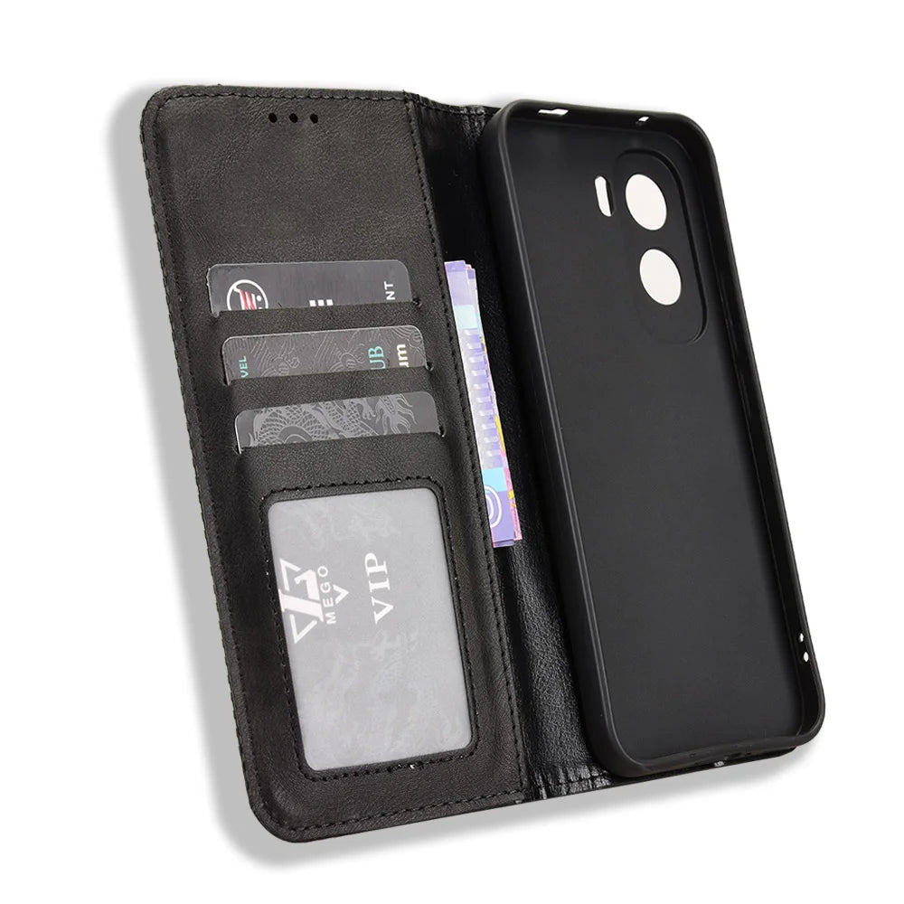 For vivo iQOO Z11 5G / vivo T5 Pro 5G Leather Case Wallet Stand Retro Texture Phone Cover - Black - 5