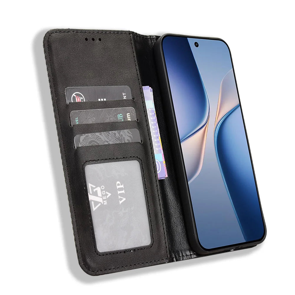 For vivo iQOO Z11 5G / vivo T5 Pro 5G Leather Case Wallet Stand Retro Texture Phone Cover - Black - 6