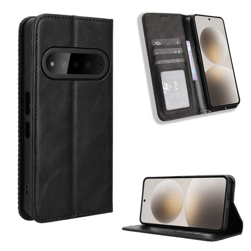 For Natural AI Phone Leather Case Wallet Stand Retro Texture Phone Cover - Black - 1