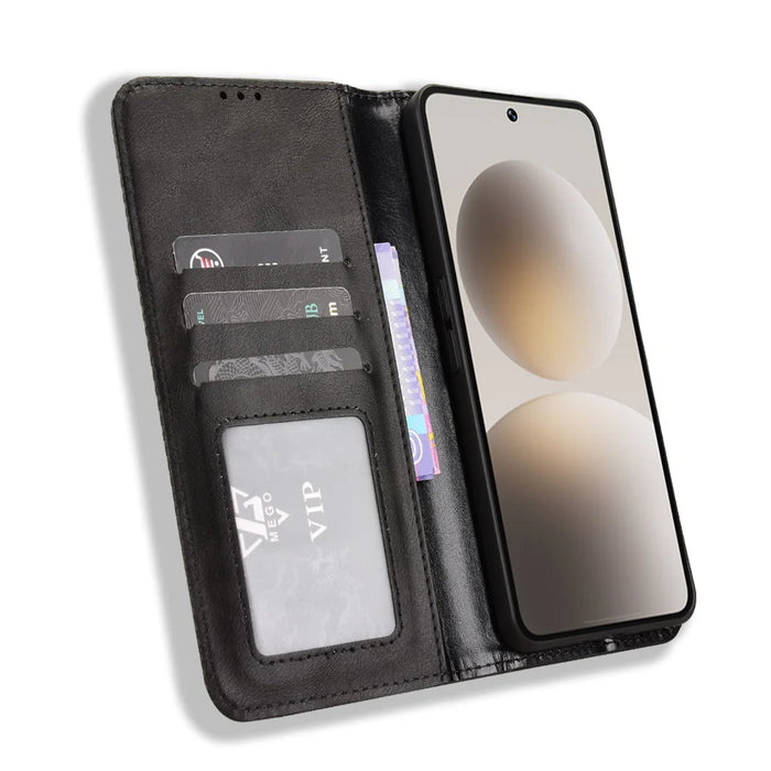 For Natural AI Phone Leather Case Wallet Stand Retro Texture Phone Cover - Black - 6