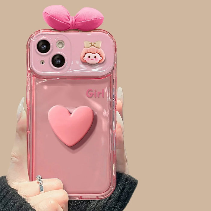 For iPhone 17 Pro Max Case with Flip Mirror 3D Heart Butterfly Bow Cartoon TPU + PC Protective Cover - Pink - 1