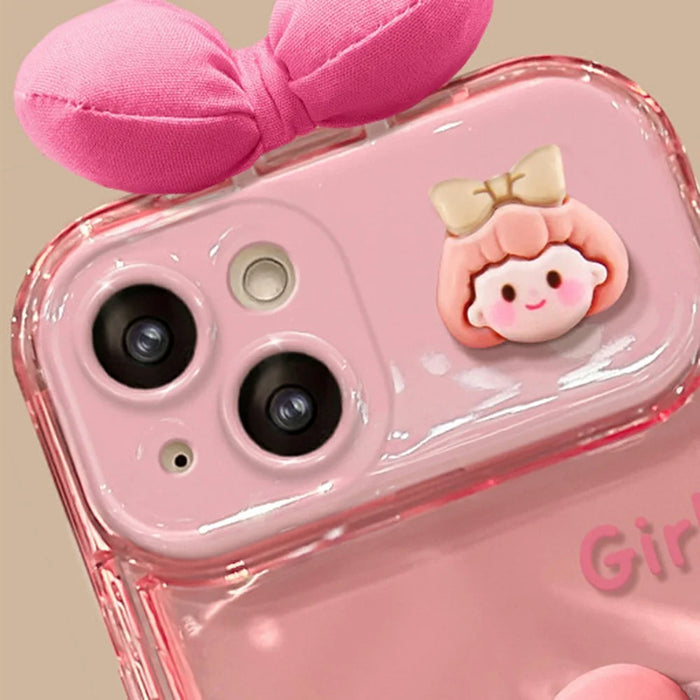 For iPhone 16 Case with Flip Mirror 3D Heart Butterfly Bow Cartoon TPU + PC Protective Cover - Pink - 3