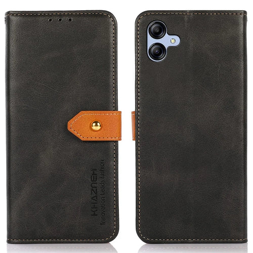 KHAZNEH For Samsung Galaxy A04e 4G / F04 4G / M04 4G Anti-scratch Cowhide Texture Phone Stand Case PU Leather Gold Buckle Folio Flip Wallet Cover - Black - 1
