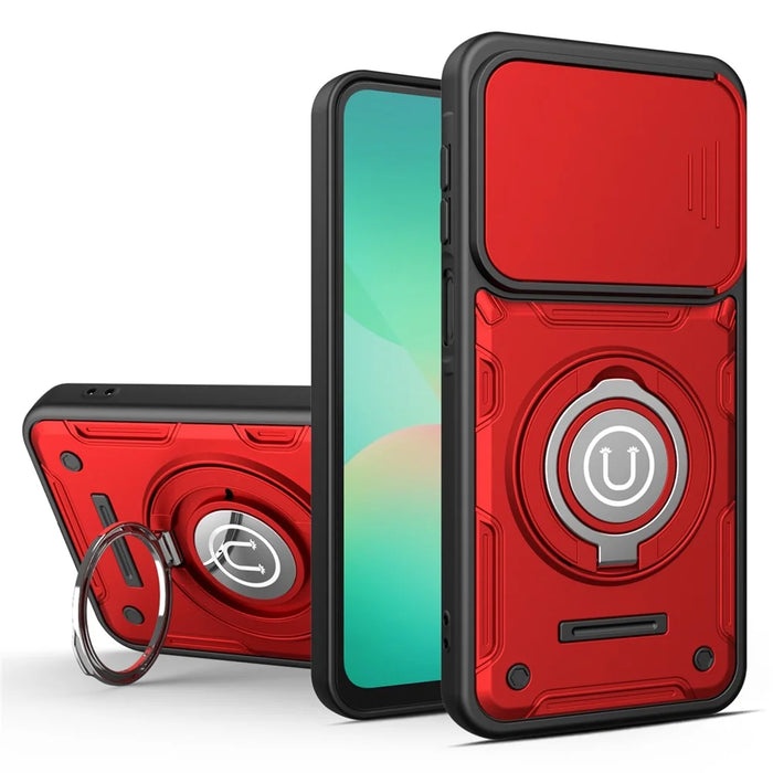 For Samsung Galaxy S25 Case with Slide Camera Cover Ring Kickstand PC + TPU Phone Shell - Red - 2