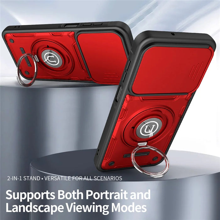 For Samsung Galaxy S25 Case with Slide Camera Cover Ring Kickstand PC + TPU Phone Shell - Red - 3