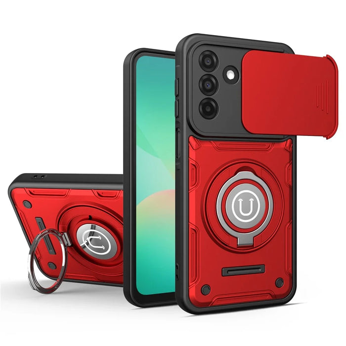 For Samsung Galaxy S25 FE Case with Slide Camera Cover Ring Kickstand PC + TPU Phone Shell - Red - 1