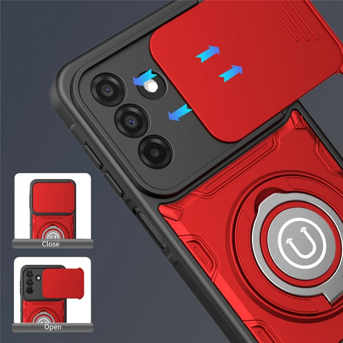 For Samsung Galaxy S25 FE Case with Slide Camera Cover Ring Kickstand PC + TPU Phone Shell - Red - 4