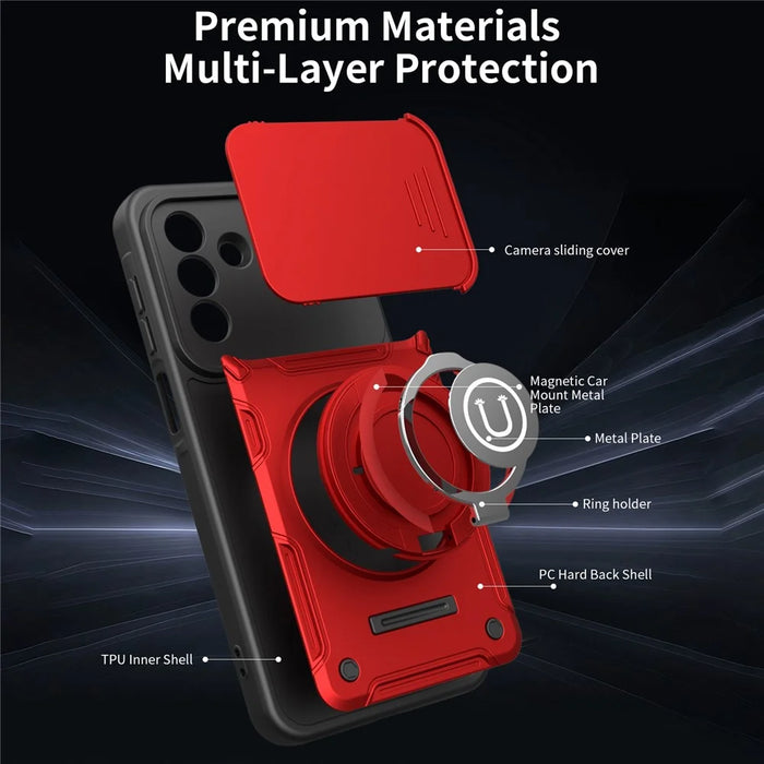 For Samsung Galaxy S25 FE Case with Slide Camera Cover Ring Kickstand PC + TPU Phone Shell - Red - 6