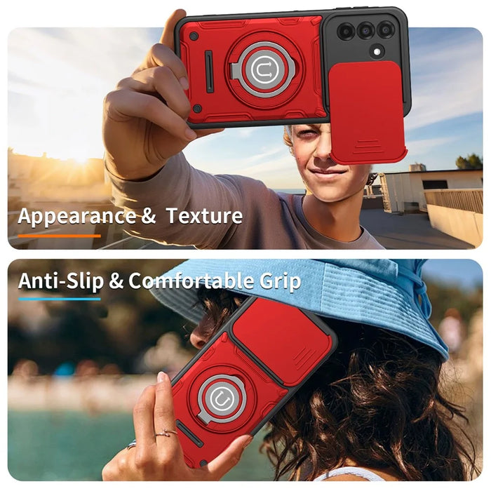 For Samsung Galaxy S25 FE Case with Slide Camera Cover Ring Kickstand PC + TPU Phone Shell - Red - 7