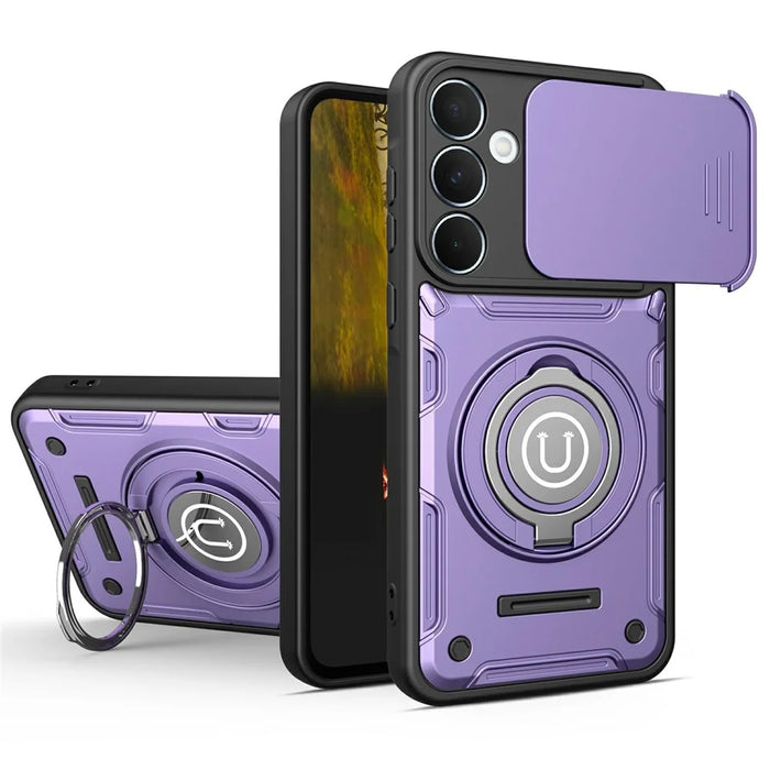 For Samsung Galaxy A57 5G Case with Slide Camera Cover Ring Kickstand PC + TPU Phone Shell - Purple - 1