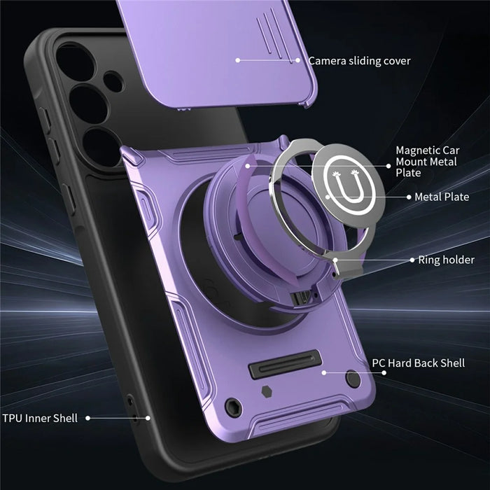 For Samsung Galaxy A57 5G Case with Slide Camera Cover Ring Kickstand PC + TPU Phone Shell - Purple - 6