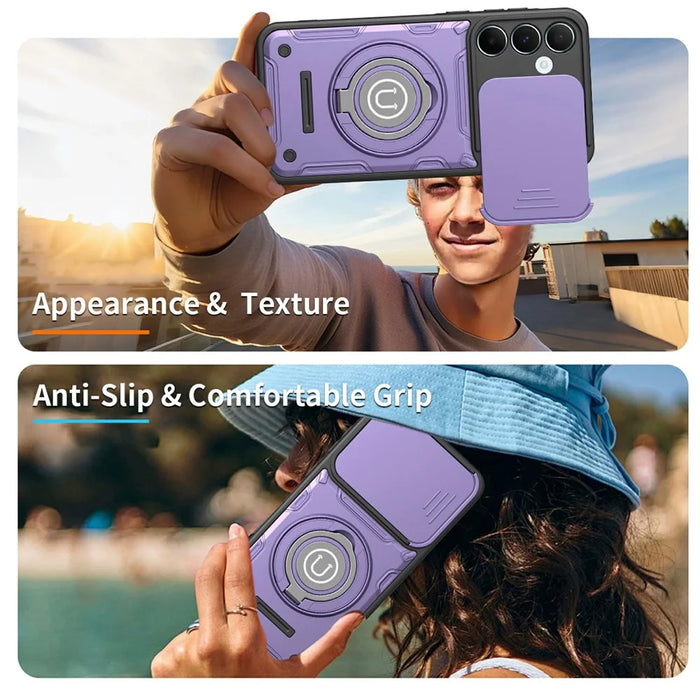 For Samsung Galaxy A37 5G Case with Slide Camera Cover Ring Kickstand PC + TPU Phone Shell - Purple - 7