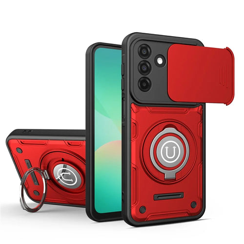 Phone Case with Slide Camera Cover For Samsung Galaxy A18 5G / A18 4G / A17 5G / A17 4G / A26 5G Ring Kickstand PC + TPU Shell - Red - 1