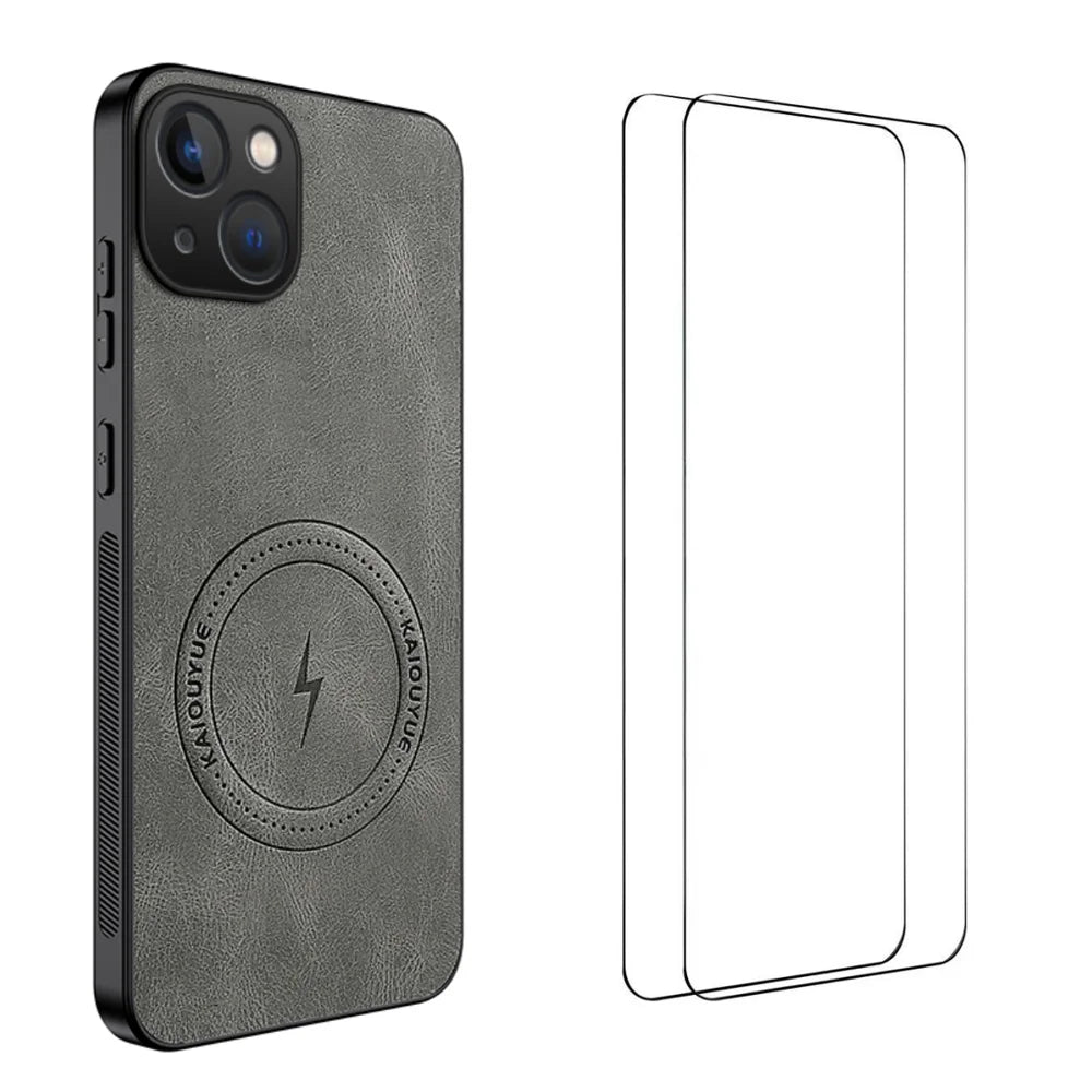 WANLONFENG for iPhone 15 SD Series Magnetic Case Nappa Texture PC TPU Phone Cover with 2Pcs Screen Film - Grey - 1