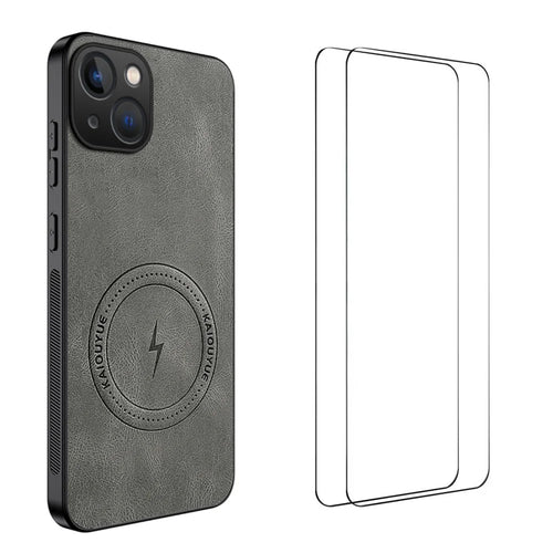 WANLONFENG for iPhone 15 SD Series Magnetic Case Nappa Texture PC TPU Phone Cover with 2Pcs Screen Film - Grey - 1
