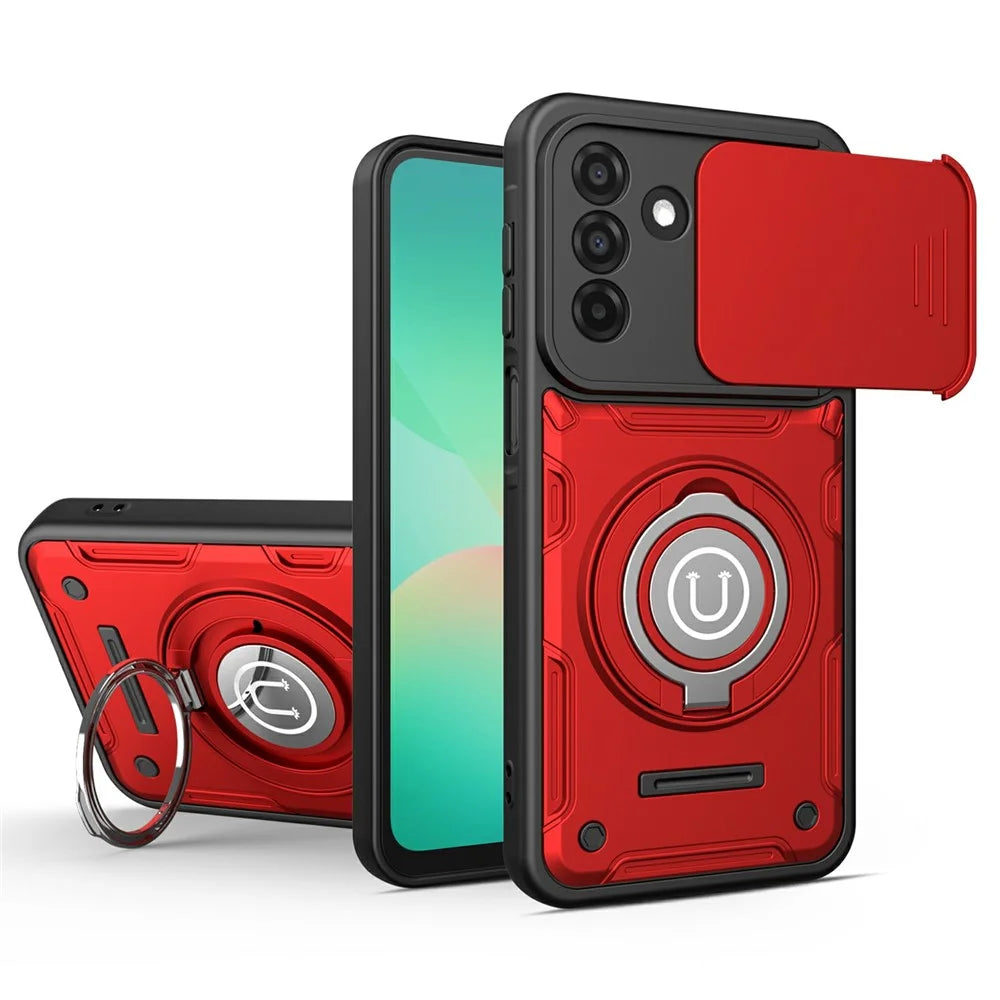 For Samsung Galaxy A36 5G Case with Slide Camera Cover Ring Kickstand PC + TPU Phone Shell - Red - 1