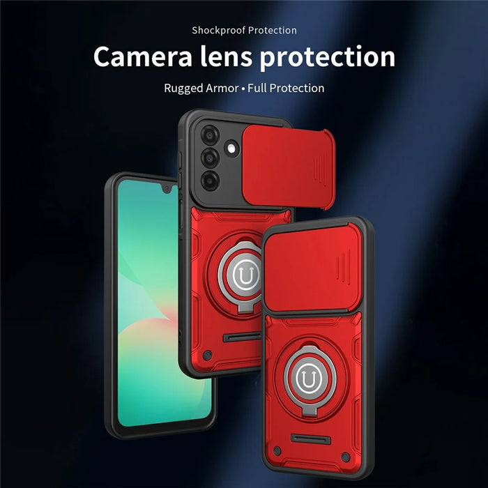 For Samsung Galaxy A36 5G Case with Slide Camera Cover Ring Kickstand PC + TPU Phone Shell - Red - 2