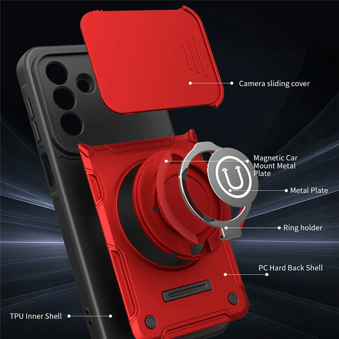 For Samsung Galaxy A36 5G Case with Slide Camera Cover Ring Kickstand PC + TPU Phone Shell - Red - 6