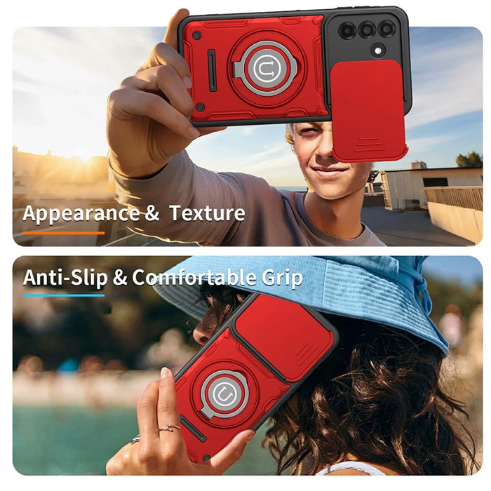 For Samsung Galaxy A36 5G Case with Slide Camera Cover Ring Kickstand PC + TPU Phone Shell - Red - 7