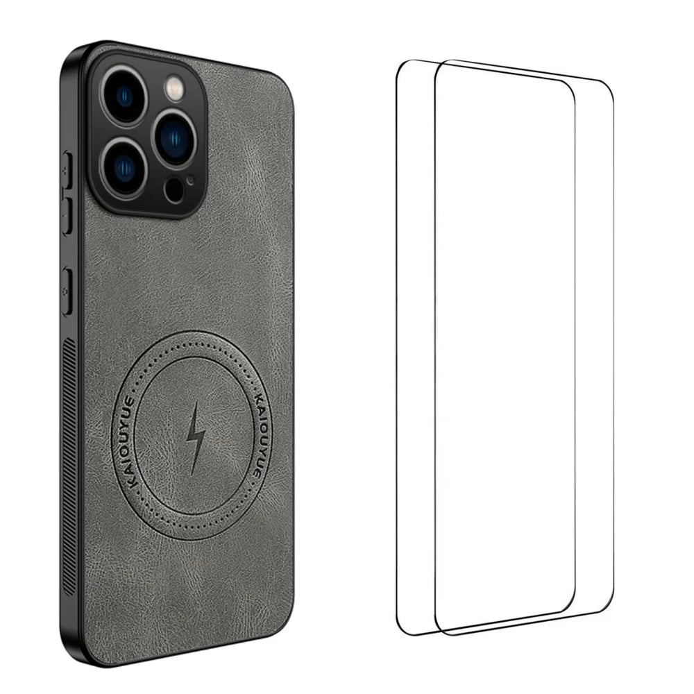 WANLONFENG for iPhone 15 Pro Max SD Series Magnetic Case Nappa Texture PC TPU Phone Cover with 2Pcs Screen Film - Grey - 1