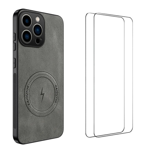 WANLONFENG for iPhone 15 Pro Max SD Series Magnetic Case Nappa Texture PC TPU Phone Cover with 2Pcs Screen Film - Grey - 1