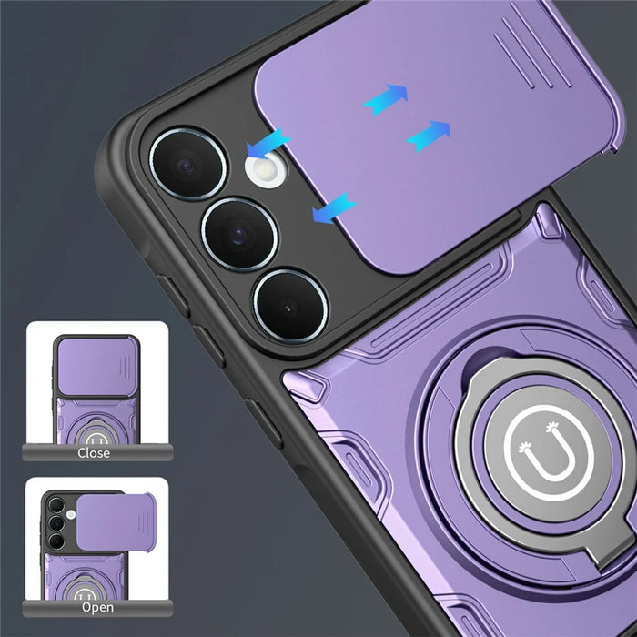 For Samsung Galaxy A56 5G Case with Slide Camera Cover Ring Kickstand PC + TPU Phone Shell - Purple - 3