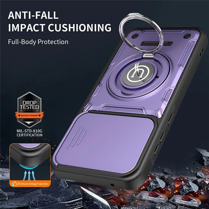 For Samsung Galaxy A56 5G Case with Slide Camera Cover Ring Kickstand PC + TPU Phone Shell - Purple - 5