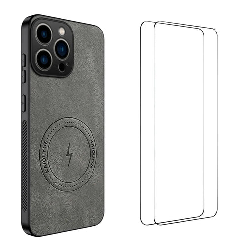WANLONFENG for iPhone 16 Pro SD Series Magnetic Case Nappa Texture PC TPU Phone Cover with 2Pcs Screen Film - Grey - 1