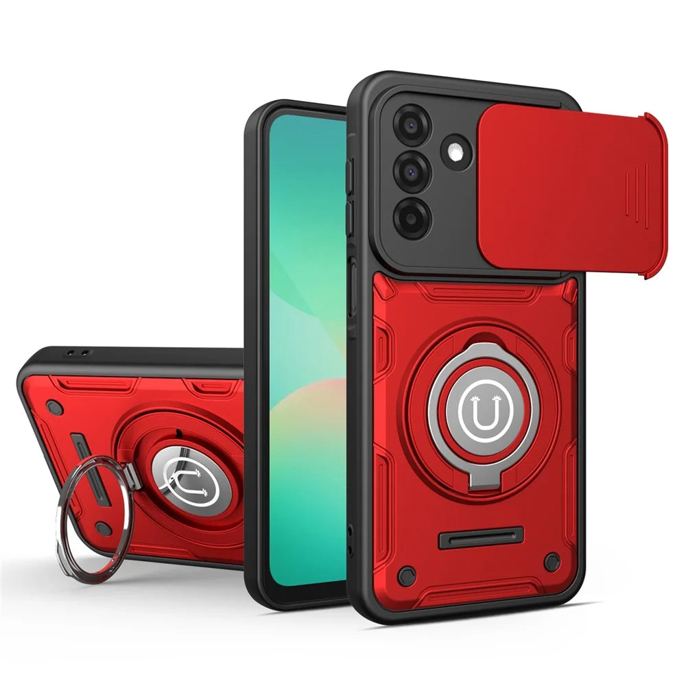 Phone Case For Samsung Galaxy A16 4G / A16 5G / M16 5G / F16 5G Ring Kickstand PC + TPU Shell with Slide Camera Cover - Red - 1