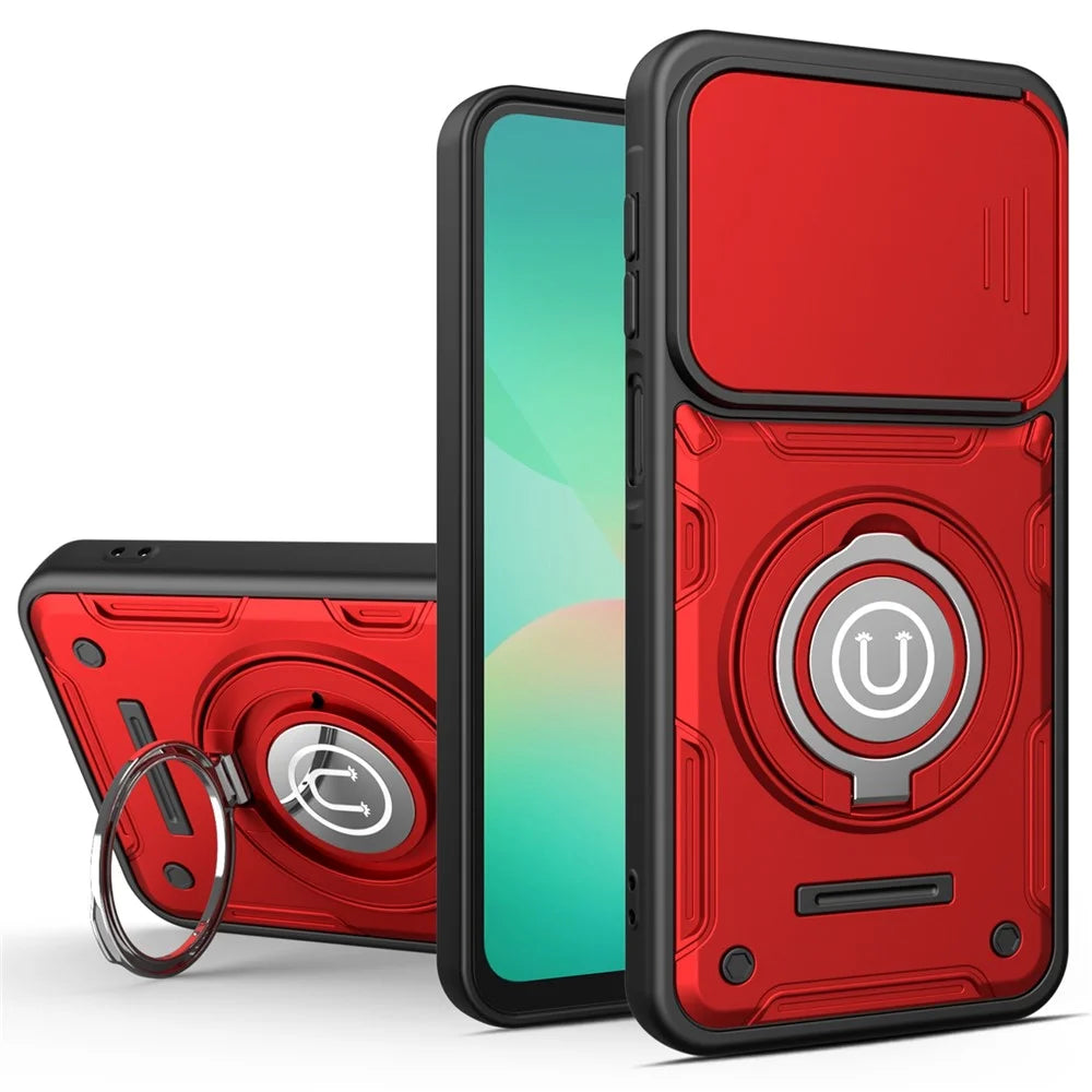 Phone Case For Samsung Galaxy A16 4G / A16 5G / M16 5G / F16 5G Ring Kickstand PC + TPU Shell with Slide Camera Cover - Red - 2