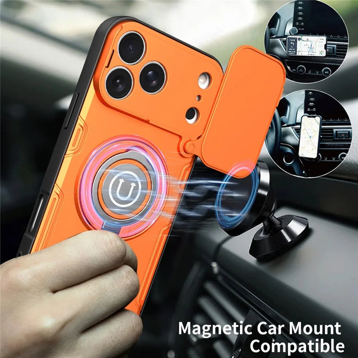 For iPhone 17 Pro Max Case with Slide Camera Cover Ring Kickstand PC + TPU Phone Shell - Orange - 7