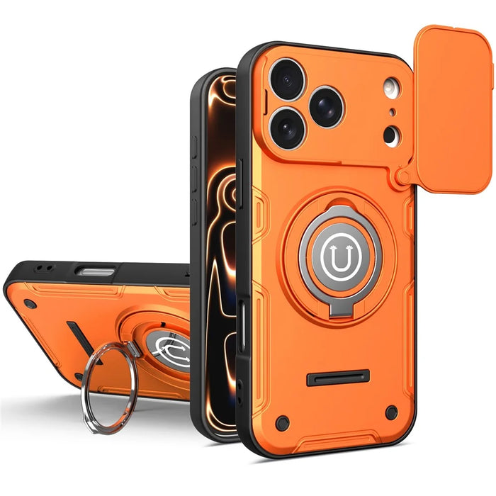 For iPhone 17 Pro Case with Slide Camera Cover Ring Kickstand PC + TPU Phone Shell - Orange - 1