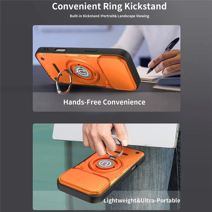 For iPhone 17 Pro Case with Slide Camera Cover Ring Kickstand PC + TPU Phone Shell - Orange - 6