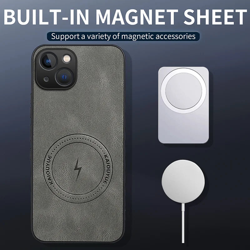 WANLONFENG for iPhone 15 SD1 Series Magnetic Case Nappa Texture PC TPU Phone Cover - Grey - 2