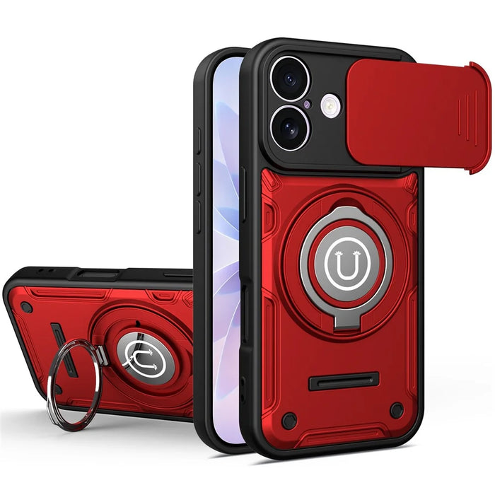 For iPhone 17 Case with Slide Camera Cover Ring Kickstand PC + TPU Phone Shell - Red - 1