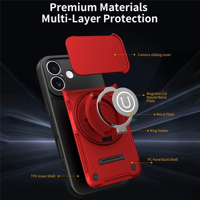For iPhone 17 Case with Slide Camera Cover Ring Kickstand PC + TPU Phone Shell - Red - 4
