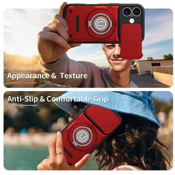 For iPhone 17 Case with Slide Camera Cover Ring Kickstand PC + TPU Phone Shell - Red - 5