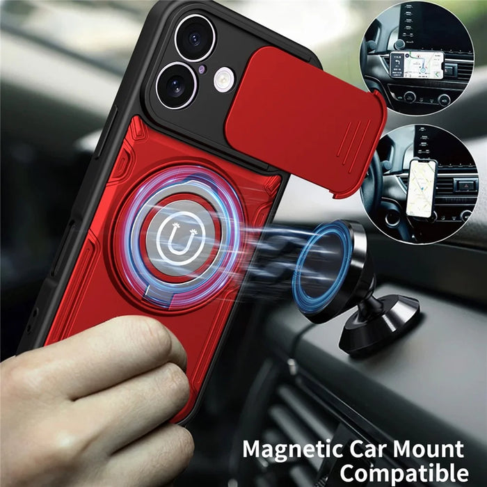 For iPhone 17 Case with Slide Camera Cover Ring Kickstand PC + TPU Phone Shell - Red - 7