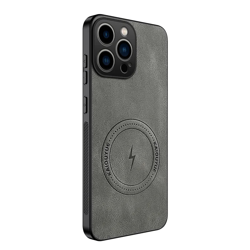 WANLONFENG for iPhone 15 Pro SD1 Series Magnetic Case Nappa Texture PC TPU Phone Cover - Grey - 1