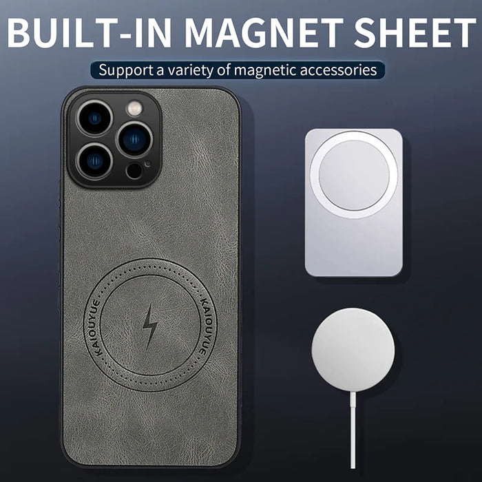 WANLONFENG for iPhone 15 Pro SD1 Series Magnetic Case Nappa Texture PC TPU Phone Cover - Grey - 2