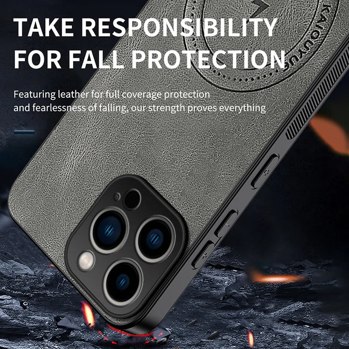 WANLONFENG for iPhone 15 Pro SD1 Series Magnetic Case Nappa Texture PC TPU Phone Cover - Grey - 4