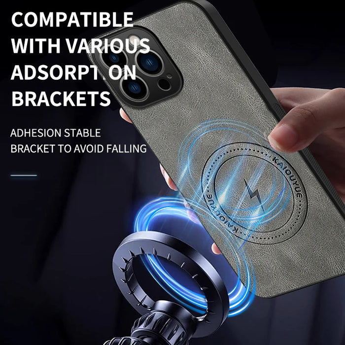 WANLONFENG for iPhone 15 Pro SD1 Series Magnetic Case Nappa Texture PC TPU Phone Cover - Grey - 6