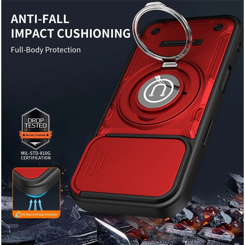 For iPhone 16 Case with Slide Camera Cover Ring Kickstand PC + TPU Phone Shell - Red - 3