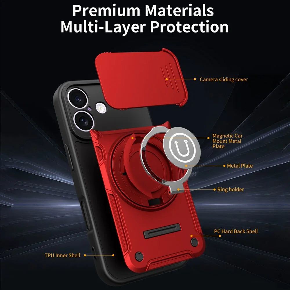 For iPhone 16 Case with Slide Camera Cover Ring Kickstand PC + TPU Phone Shell - Red - 4