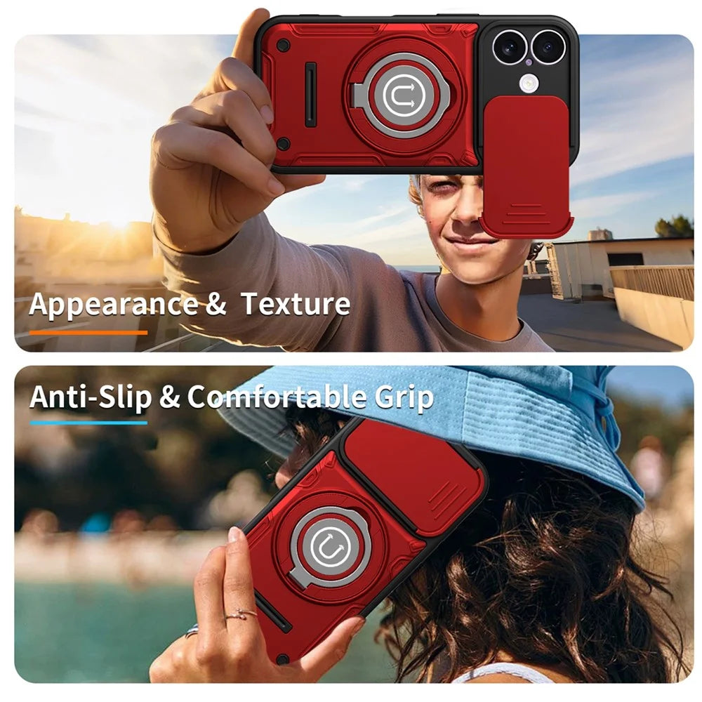 For iPhone 16 Case with Slide Camera Cover Ring Kickstand PC + TPU Phone Shell - Red - 5