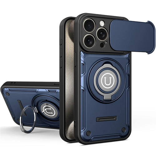 For iPhone 15 Pro Max Case with Slide Camera Cover Ring Kickstand PC + TPU Phone Shell - Dark Blue - 1