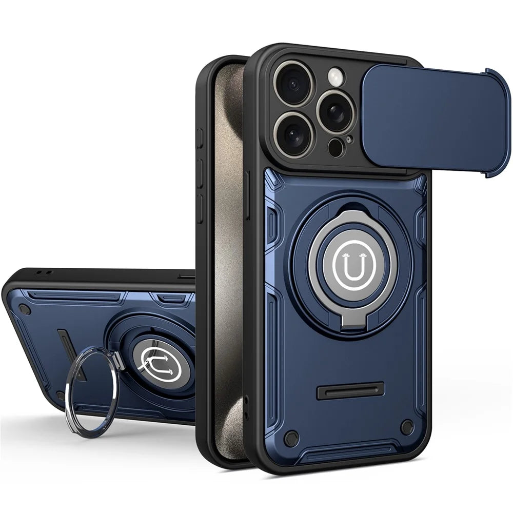 For iPhone 15 Pro Max Case with Slide Camera Cover Ring Kickstand PC + TPU Phone Shell - Dark Blue - 1