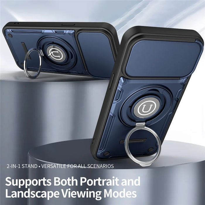 For iPhone 15 Pro Max Case with Slide Camera Cover Ring Kickstand PC + TPU Phone Shell - Dark Blue - 2